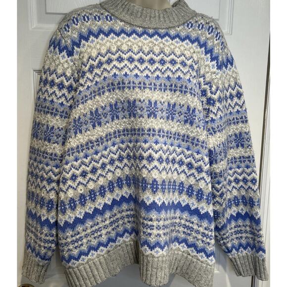 Lands End Fair Isle Sweater plus Size 2X Blue Gray Nordic cabincore warm wool - Picture 2 of 8